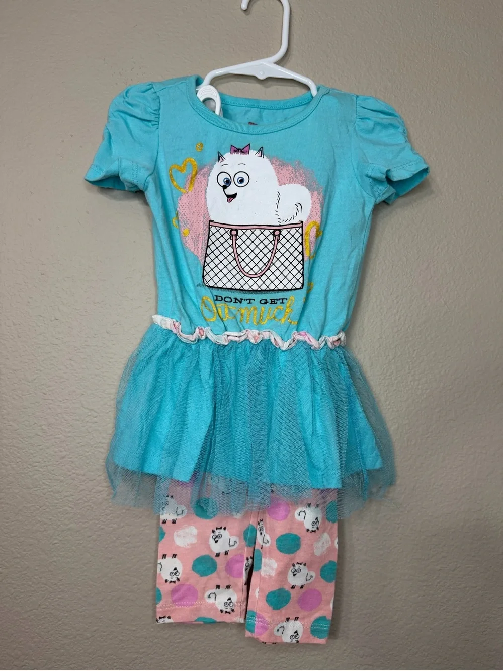 Girls Aqua Tulle-Peplum Set with Pink Polka Dot Pants